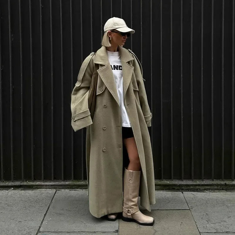 Urban Solid Double Breasted Long Women Coat Loose Full Sleeve Belt Double Breasted Jacket