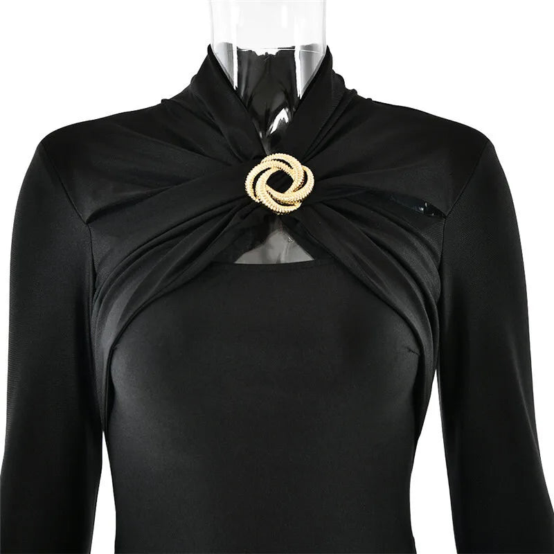 Hollow Out Long Sleeve Maxi Dress For Women Metal Buckle Bodycon Cocktail Dress