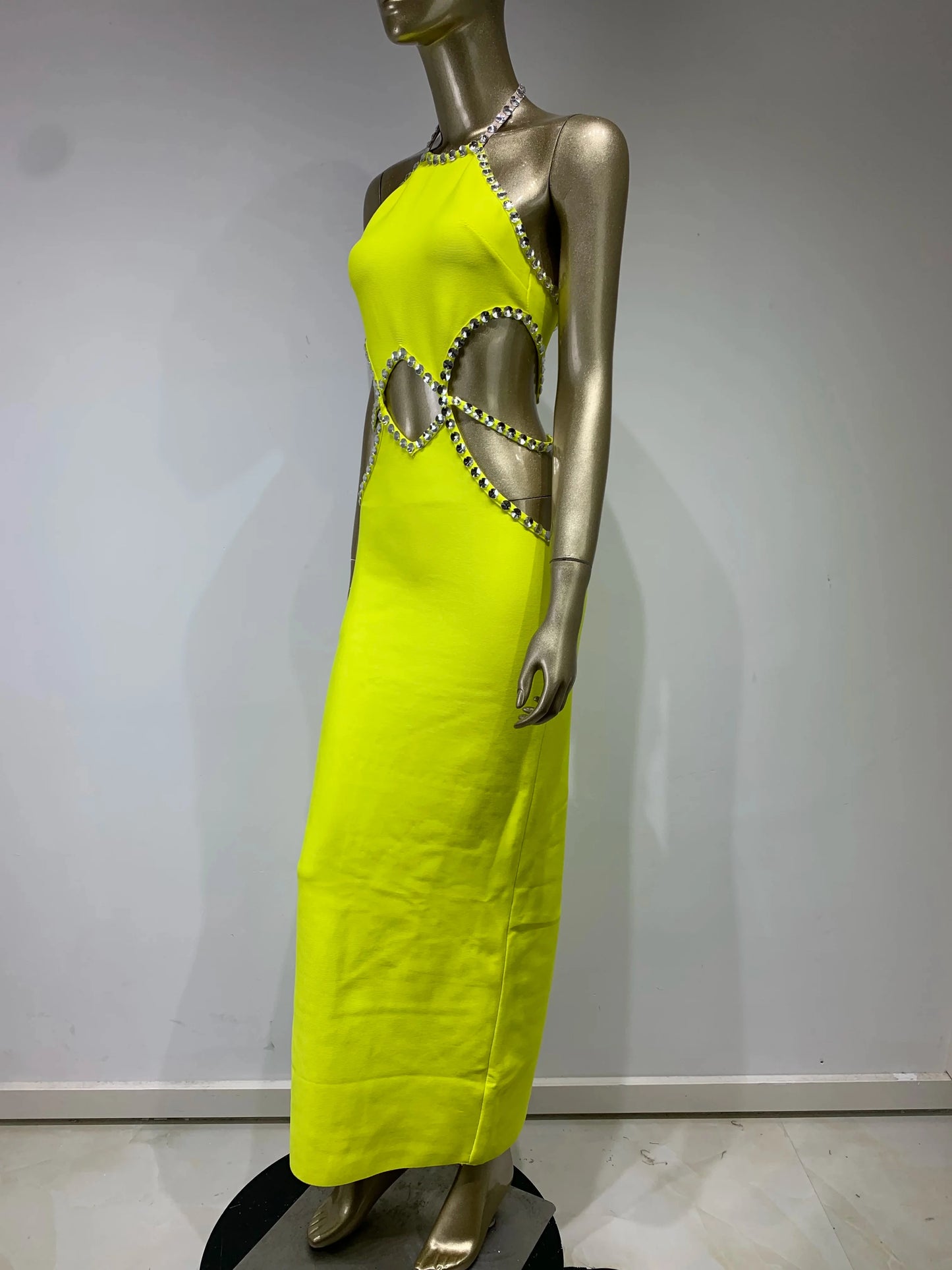Sexy Backless Halter Beading Maxi Long Lemon Bandage Dress Cocktail Dress