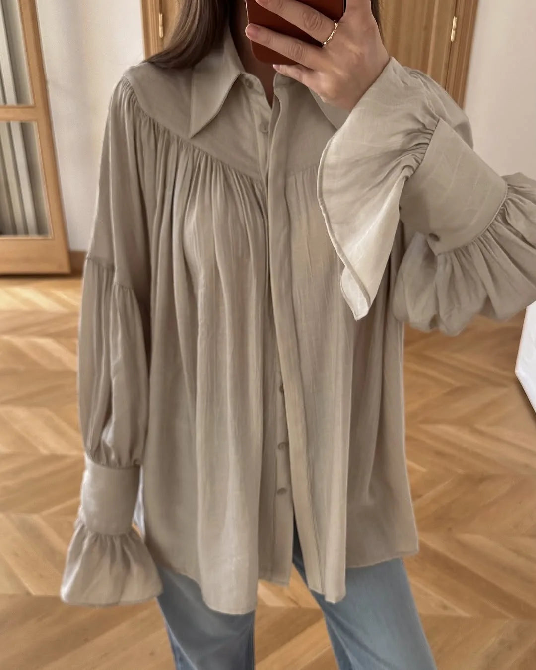 Summer Ruffled Loose Shirts For Women Lapel Long Sleeve Casual See-Through Blouse