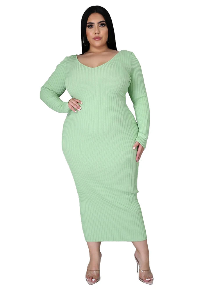 Ladies Knitted Sweater Dress Midi Dress Long Sleeves Chic and Elegant Plus Size Dresses