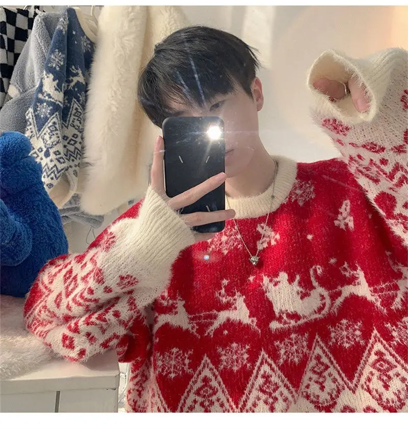High Quality Plush Knitted Christmas Red Pullover Oversized Couple Sweater