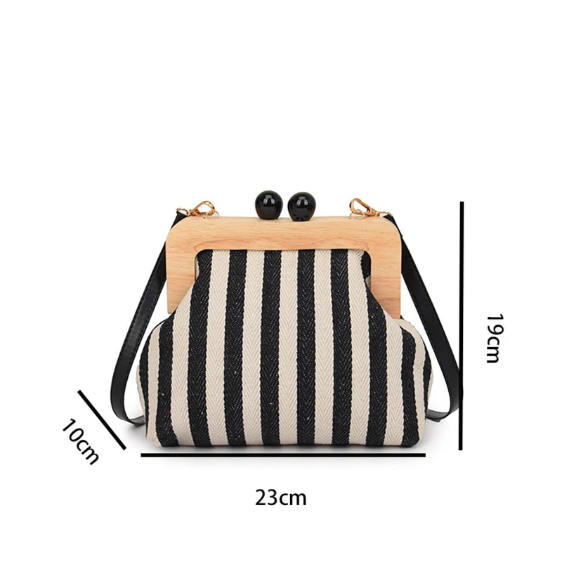 Retro Striped Wooden Clip Shell Bags for Women Messenger Bag Black and white