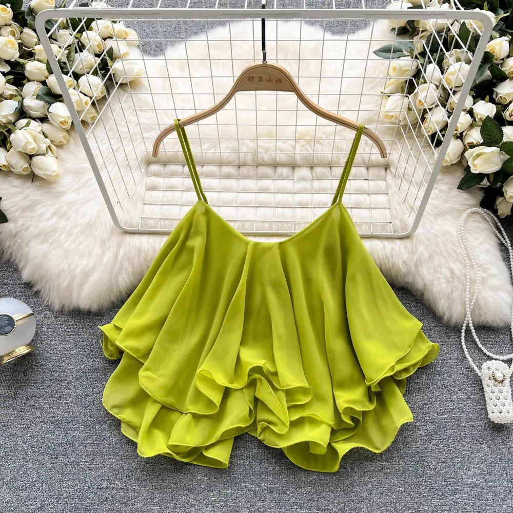 Summer Tops Spaghetti Straps Ruffle Sleeveless Tanks and Crop Tops Solid Tank Camisoles Women Y2k