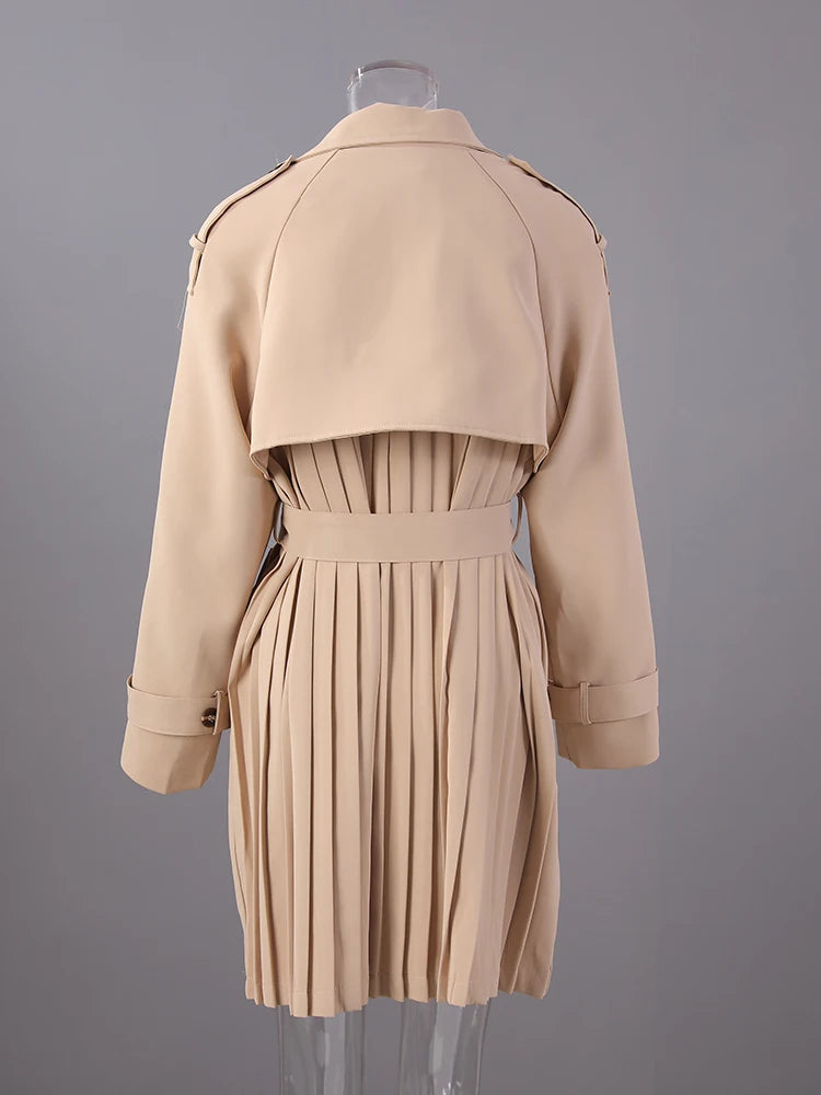Women Khaki Pleated Elegant Trench New Lapel Long Sleeve Windbreaker Trench Coat