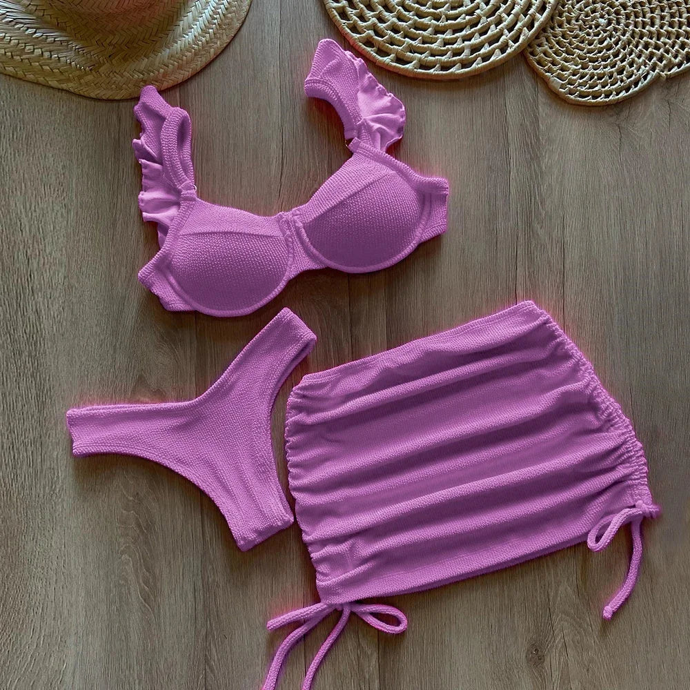 Solid Wavy Fabric Low Waist Ruffle Bikini Set Cover Up Swimsuit For Women