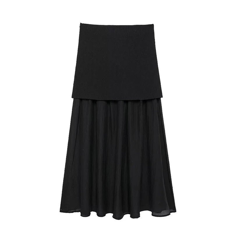 Knitted Patchwork Pleated Side Zipper Midi Skirt Vintage High Waist Female Chic Lady Skirts