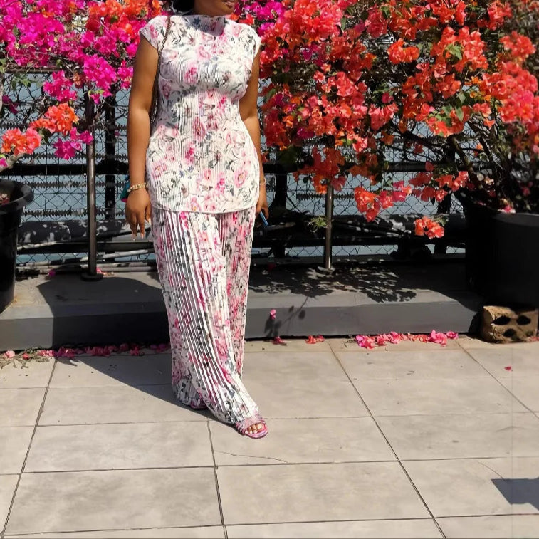 Women Set Floral Print Short Sleeve Pleated T-Shirt + Wide Leg Pants Two 2Piece Sets
