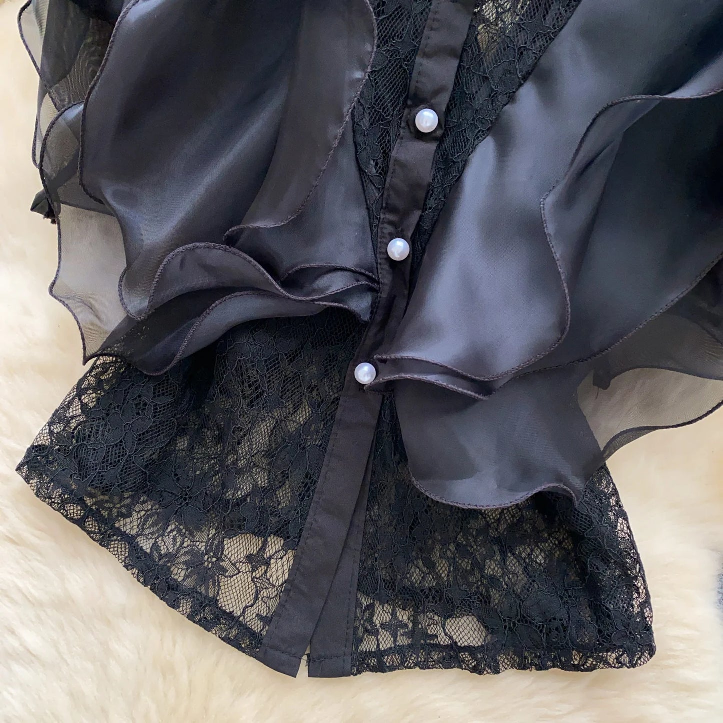 Ruffle Blouses Women French Style Single Breasted Lace Patchwork Shirt Summer Top
