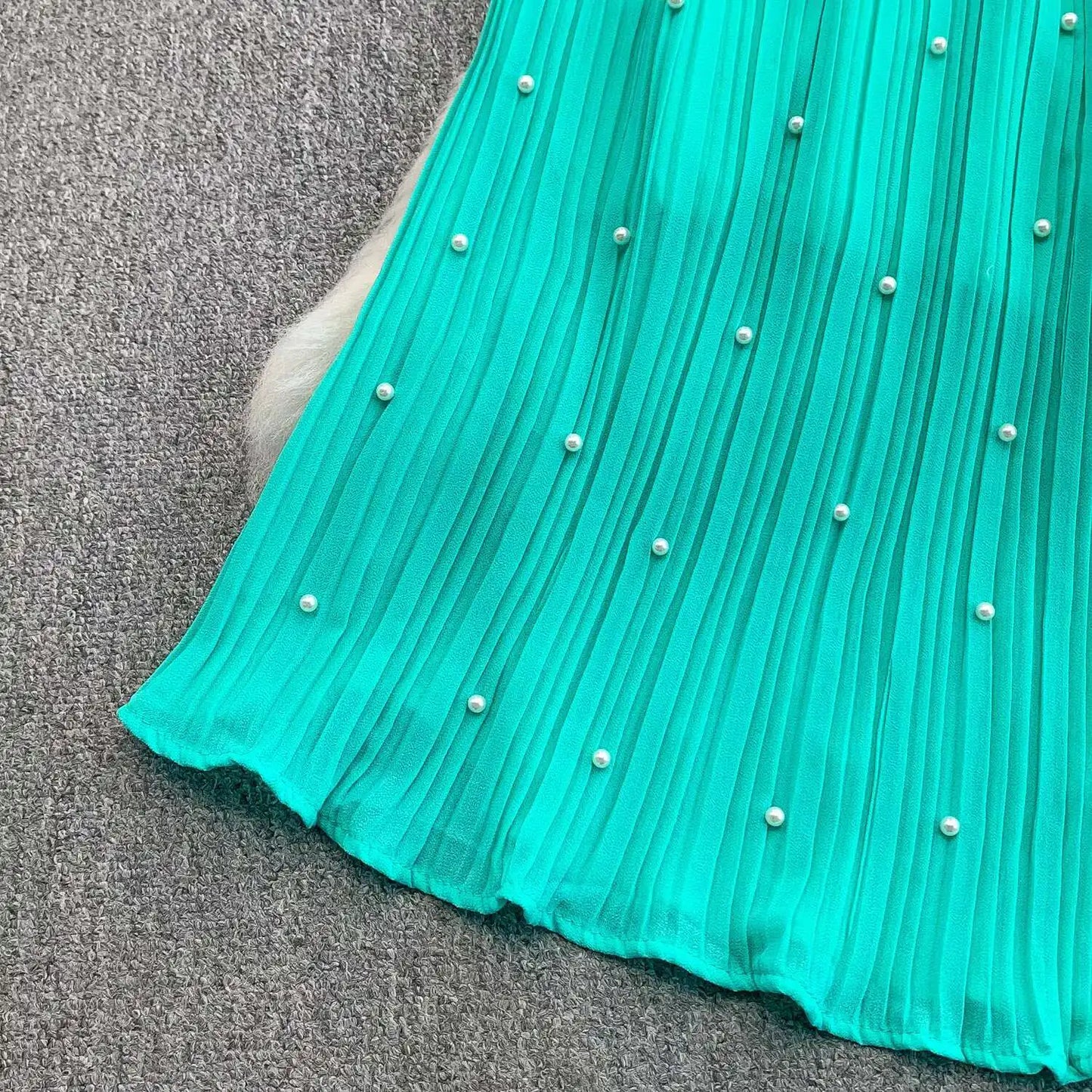 Summer Luxury Pearls Long Chiffon Dress For Women Loose Big Size Short Sleeve Crystal Birthday Evening Midi Pleated Dresses