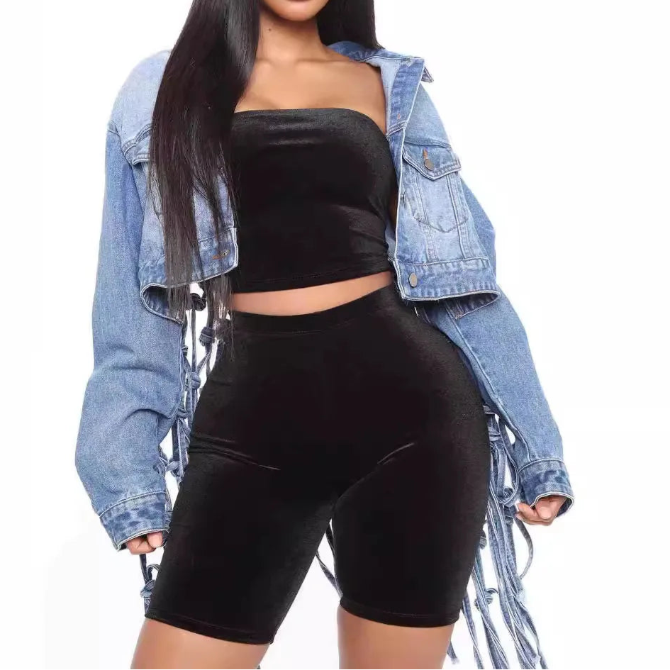 Women Denim Jacket Back Grid Fringe Personalized Jacket Coat