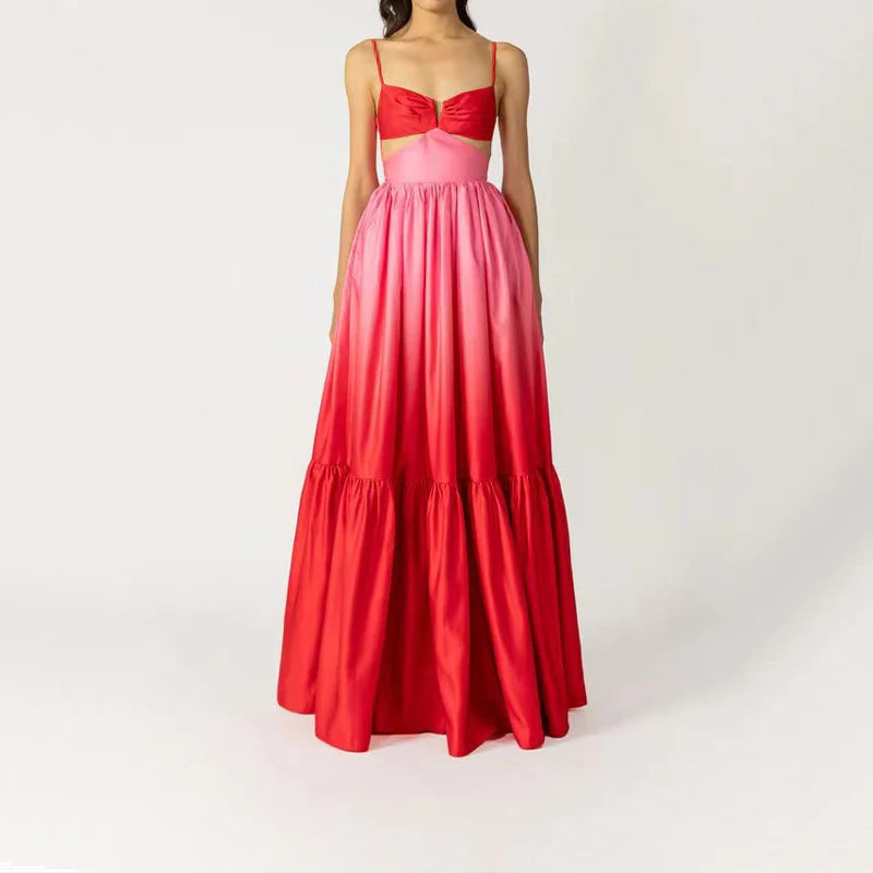 Gradient Color Hollowed Out Pleated Long Big Swing Maxi Dress Sun Dress