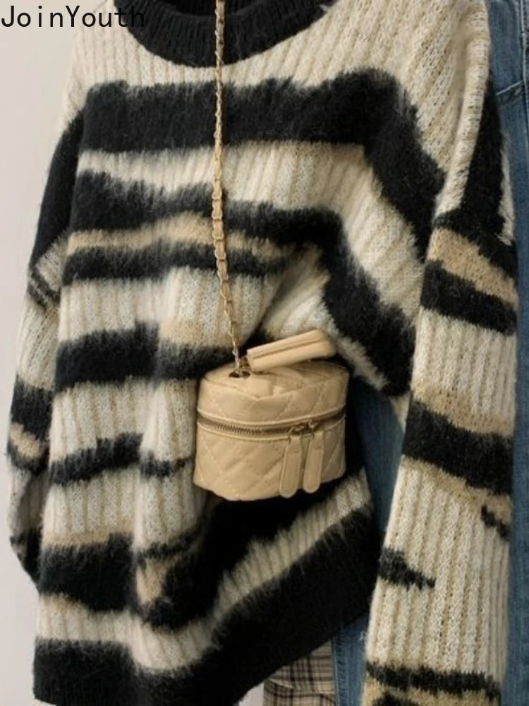 Striped Pullovers Women Clothing O-neck Casual Vintage Jumper Knitted Oversized Sweater