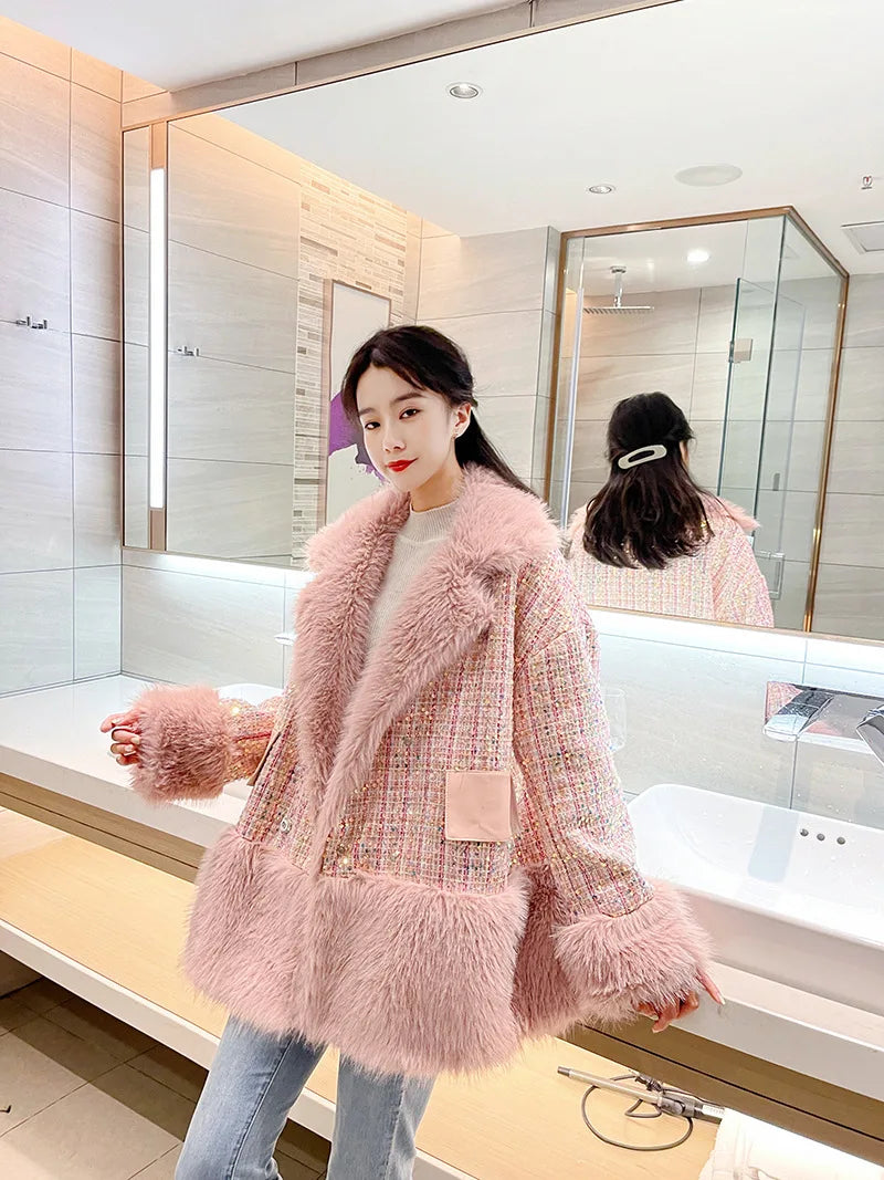 Glitter Coarse Wool Blended Fur Coat Long Sleeve Loose Coat