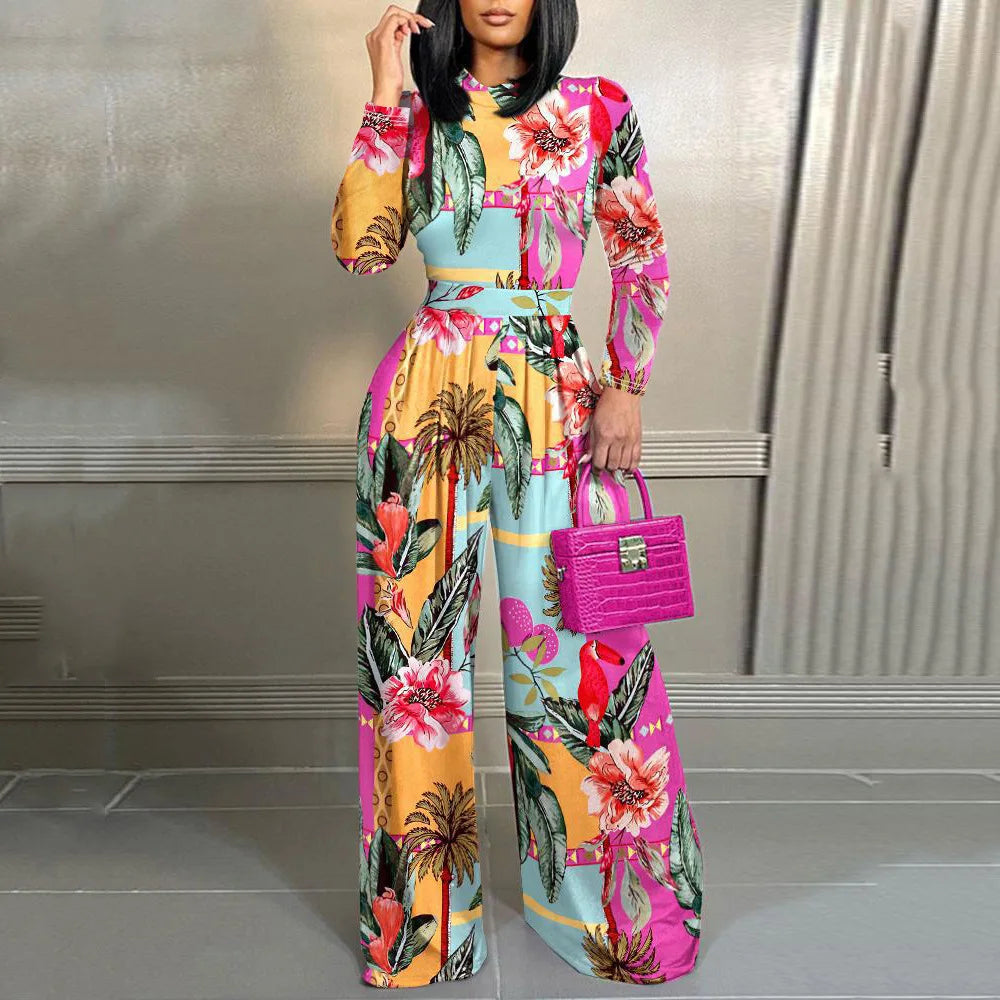 Elegant Women Stand Neck Wide Leg Rompers Casual Waist Jumpsuits Streetwear