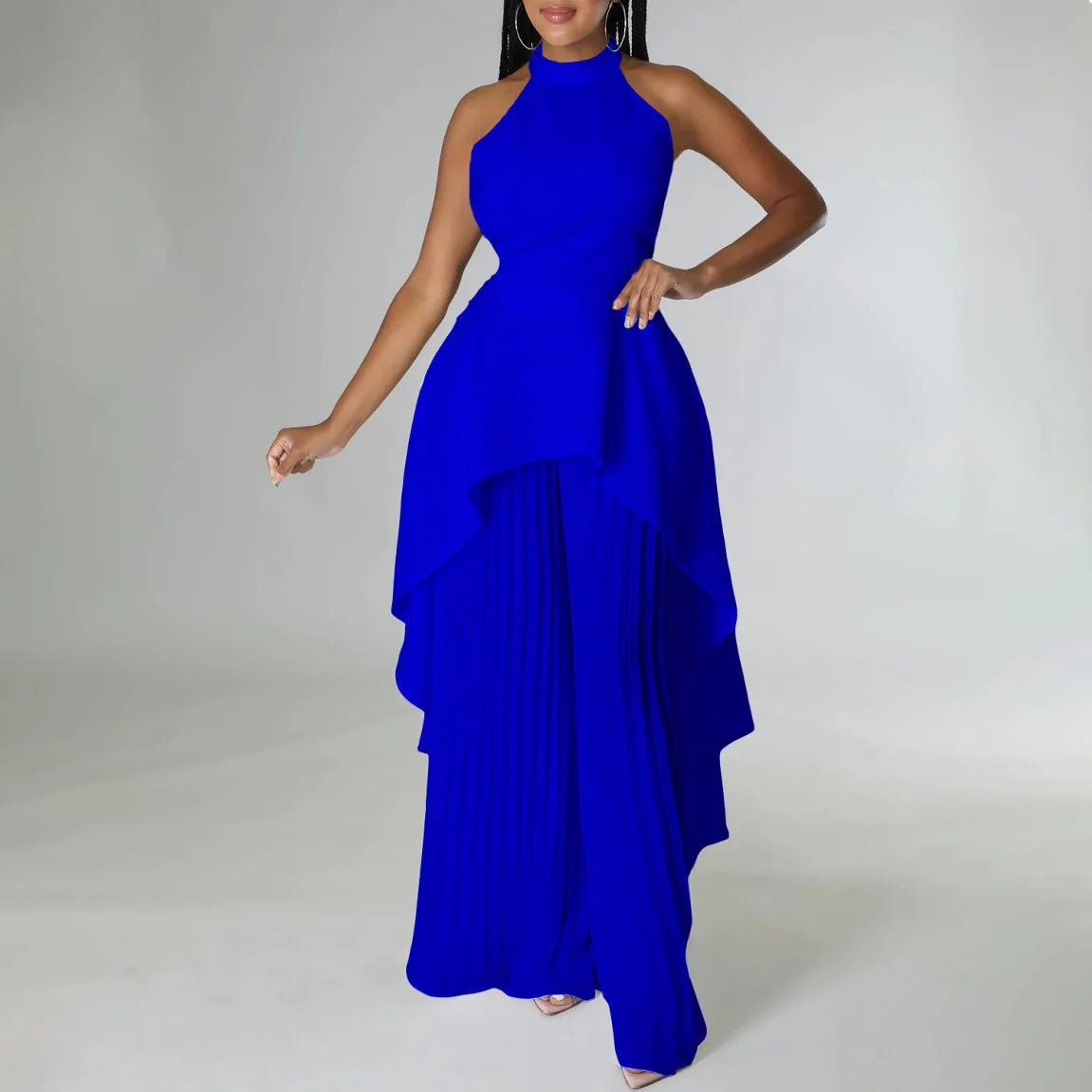 Elegant Two Piece Set Women Outfit Backless Top Hundred Pleated Wide Leg Pants Trousers Suit Summer Office Lady Suit