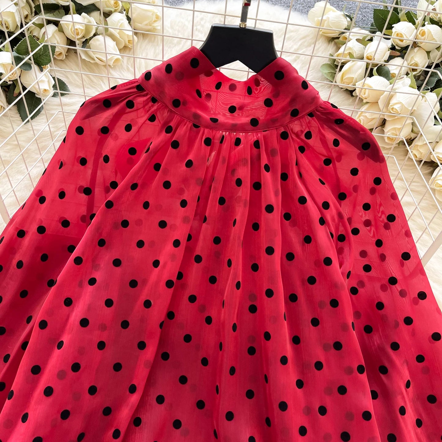 Vintage Polka Dot Tops Puff Sleeve Bow Lace Up Design Blouse