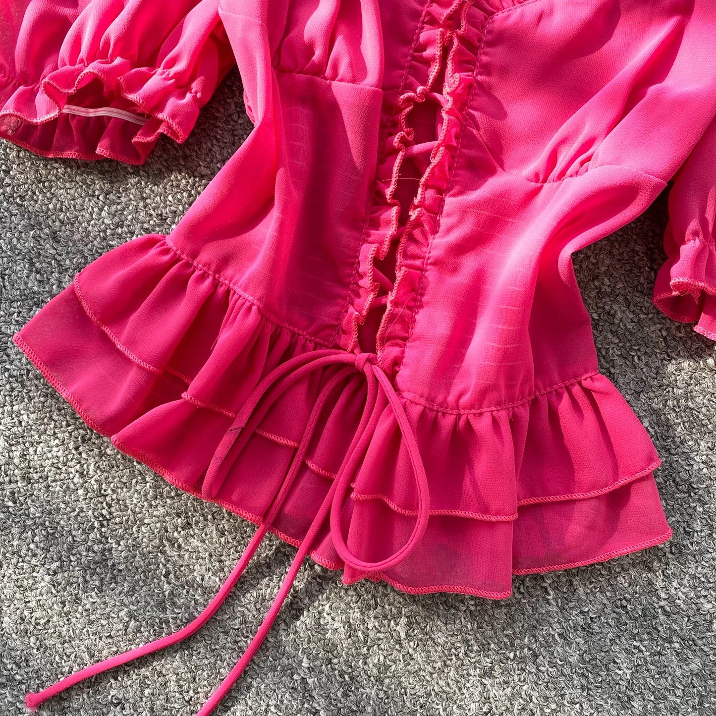 French Style Chiffon Blouse Square Neck Short Sleeves Ruffles Lace Up Beach Top