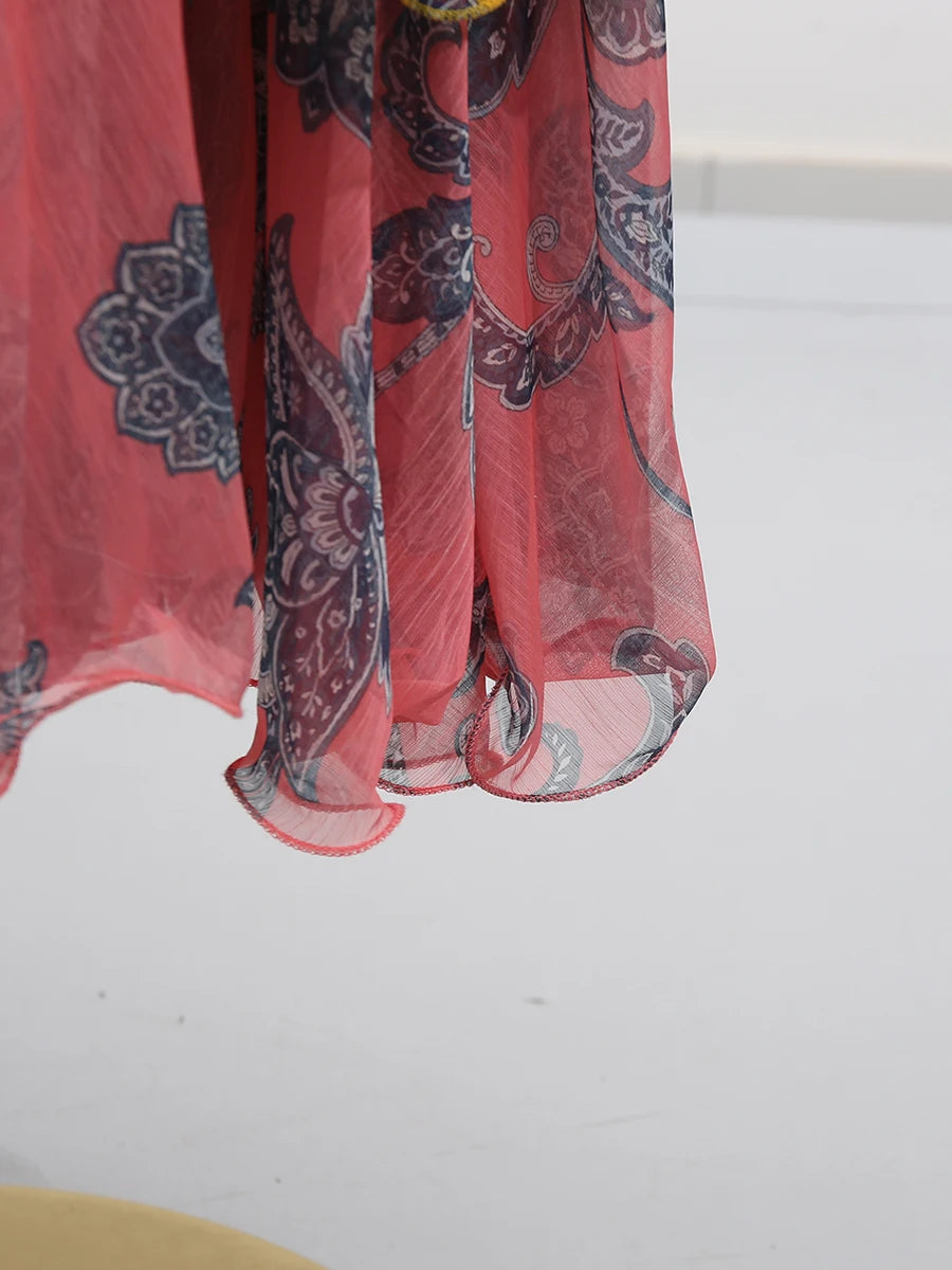 Colorful Print Ruffle Maxi Dress Spliced Lace Up Robe for Women Round Neck Sleeveless High Waist Patchwork Ruffles Dress