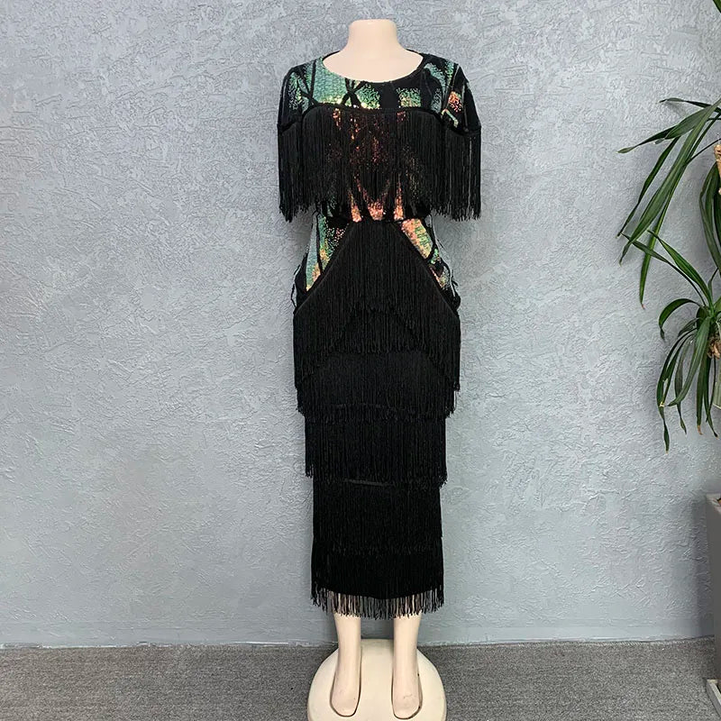 Women Sexy Fringed Embellished Bodycon Celebrity Evening Dress