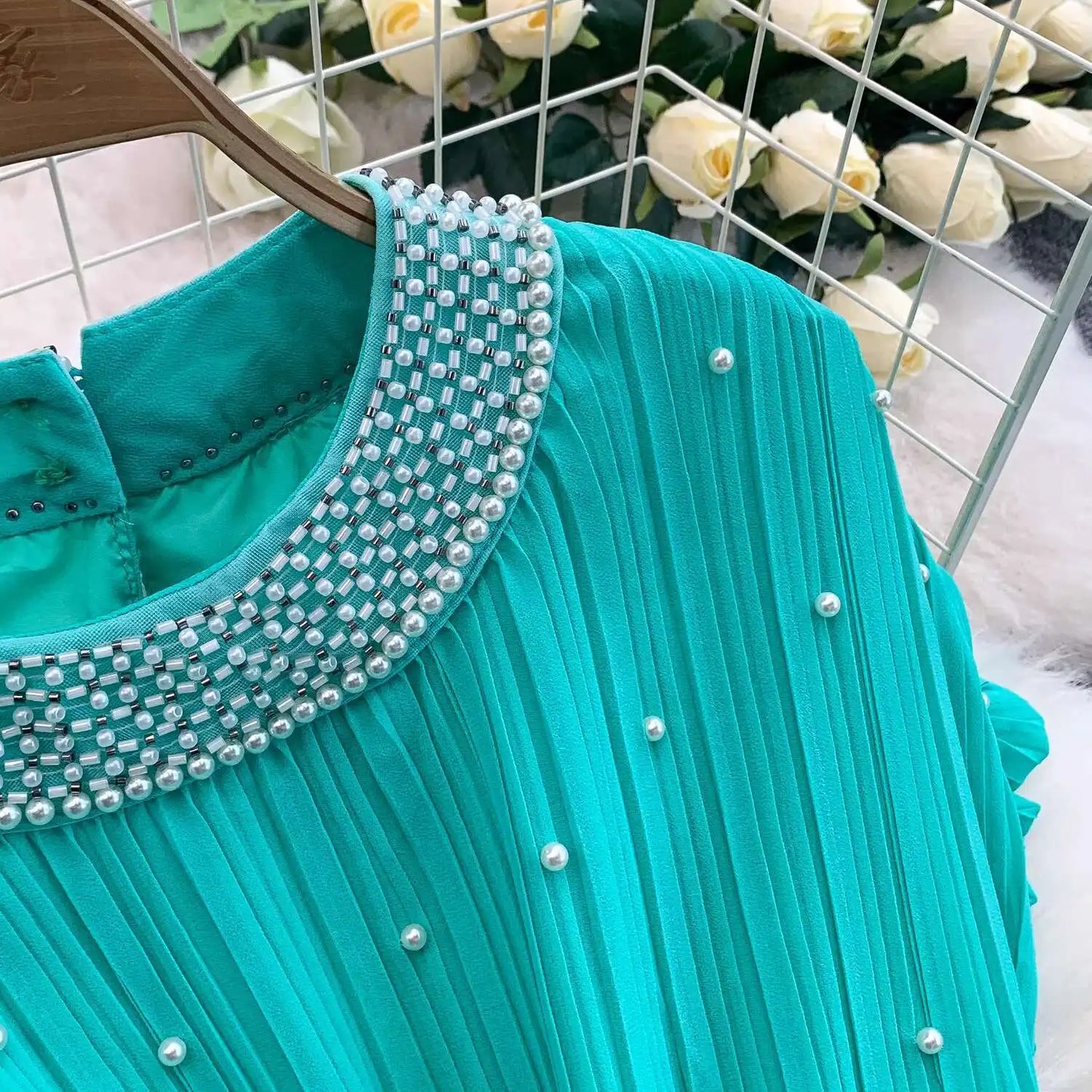 Summer Luxury Pearls Long Chiffon Dress For Women Loose Big Size Short Sleeve Crystal Birthday Evening Midi Pleated Dresses