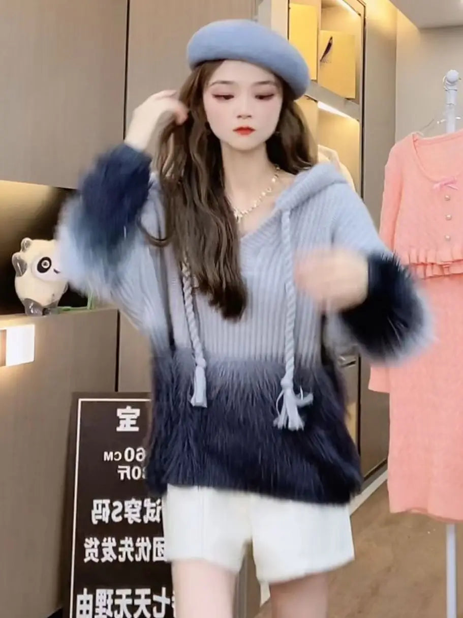 Tassel Pullover Long-Sleeved Sweater Hooded Loose Knitwear