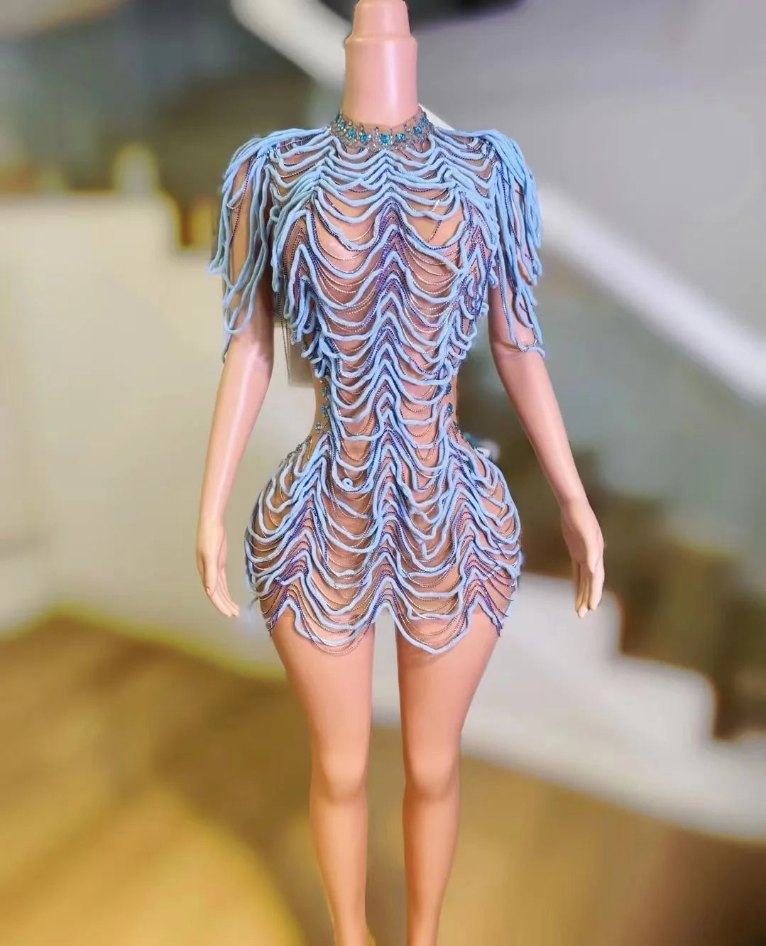Mesh Rhinestones Chain Mini Dress Nightclub Party Performance Outfit