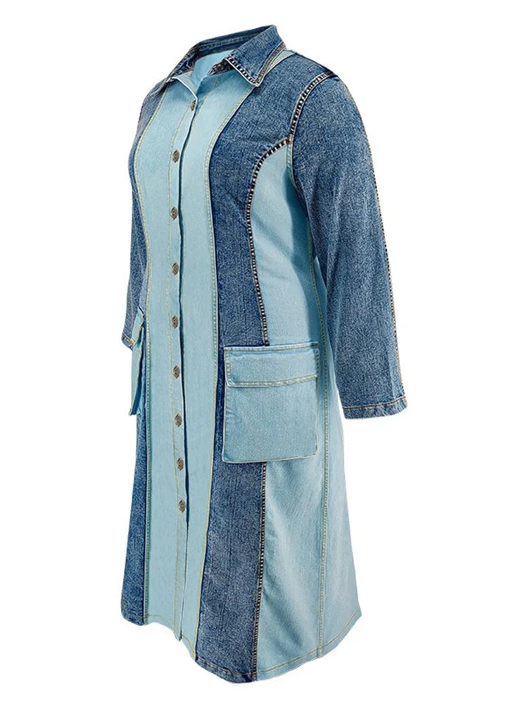 Plus Size Denim Dresses Women Long Sleeve Casual Button Pockets Striped Maxi Dress