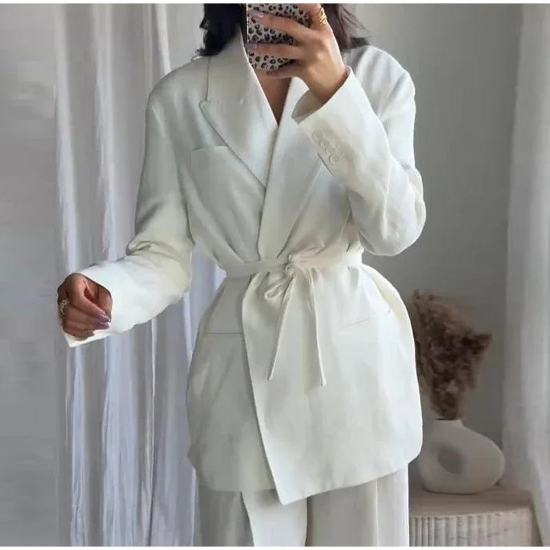 Elegant Blazer Pants Sets Women V-neck Lace up Jacket Full Sleeve Wide Leg Trousers Suit
