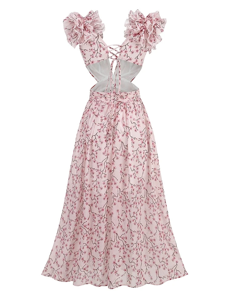 Ruffle Floral Split Vacation Party Beach Dress