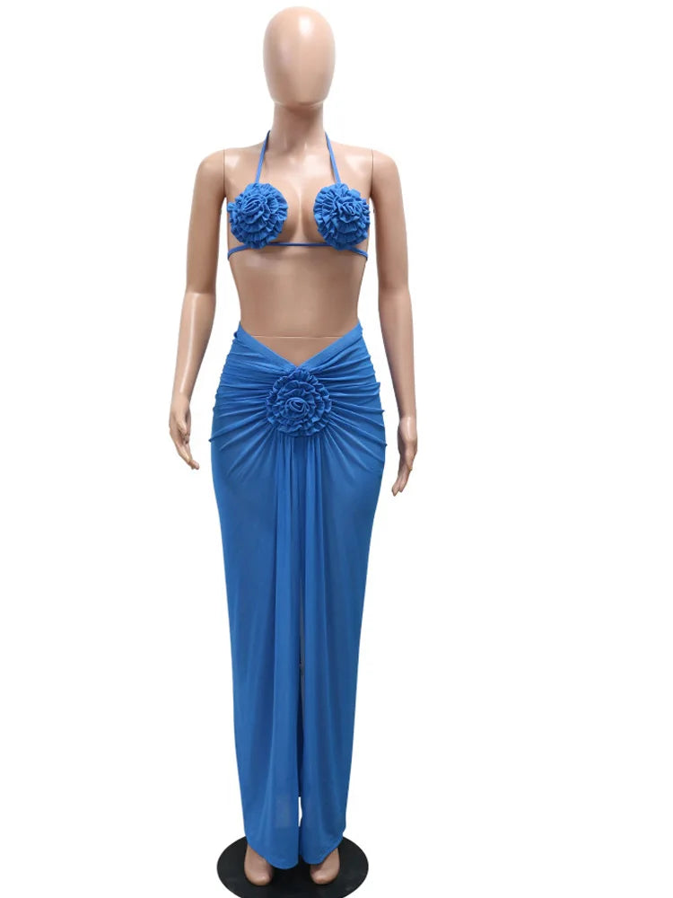 Women's Royal Blue 3D Flower Bikini Set 3 Pieces Outfits Summer Sheer Mesh Beach Cover-Up Set Swimsuits