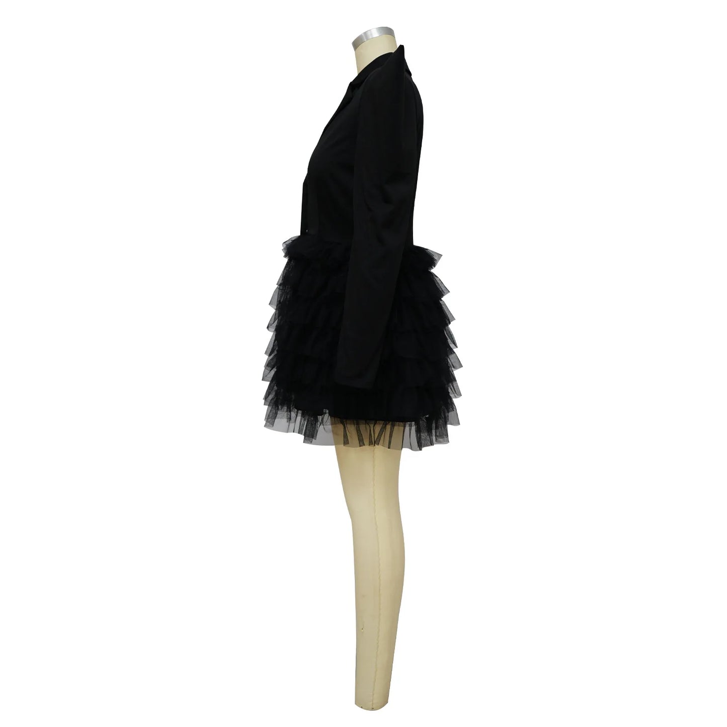 Mesh Paneling Solid Right Shoulders Long Sleeves Cake Dress For Women