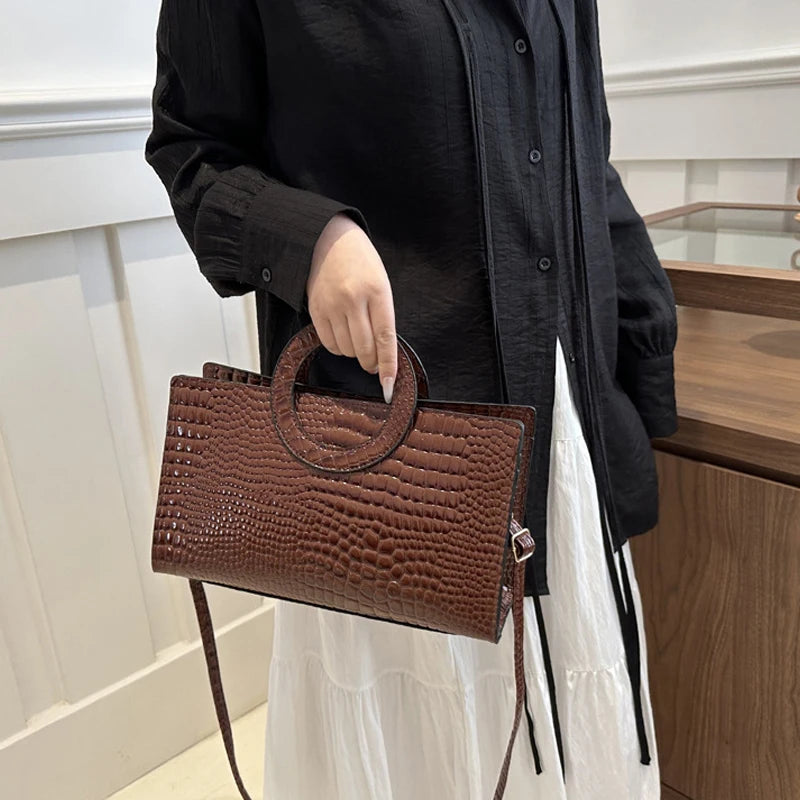 Women's Crocodile Pattern PU Leather Handbags Green Square Bag