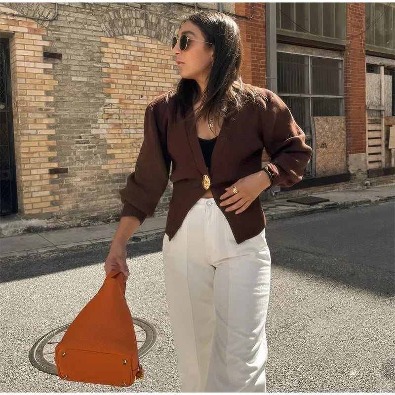 Women's Button Knitted Cardigan Vintage V Neck Full Sleeve Cropped Sweater