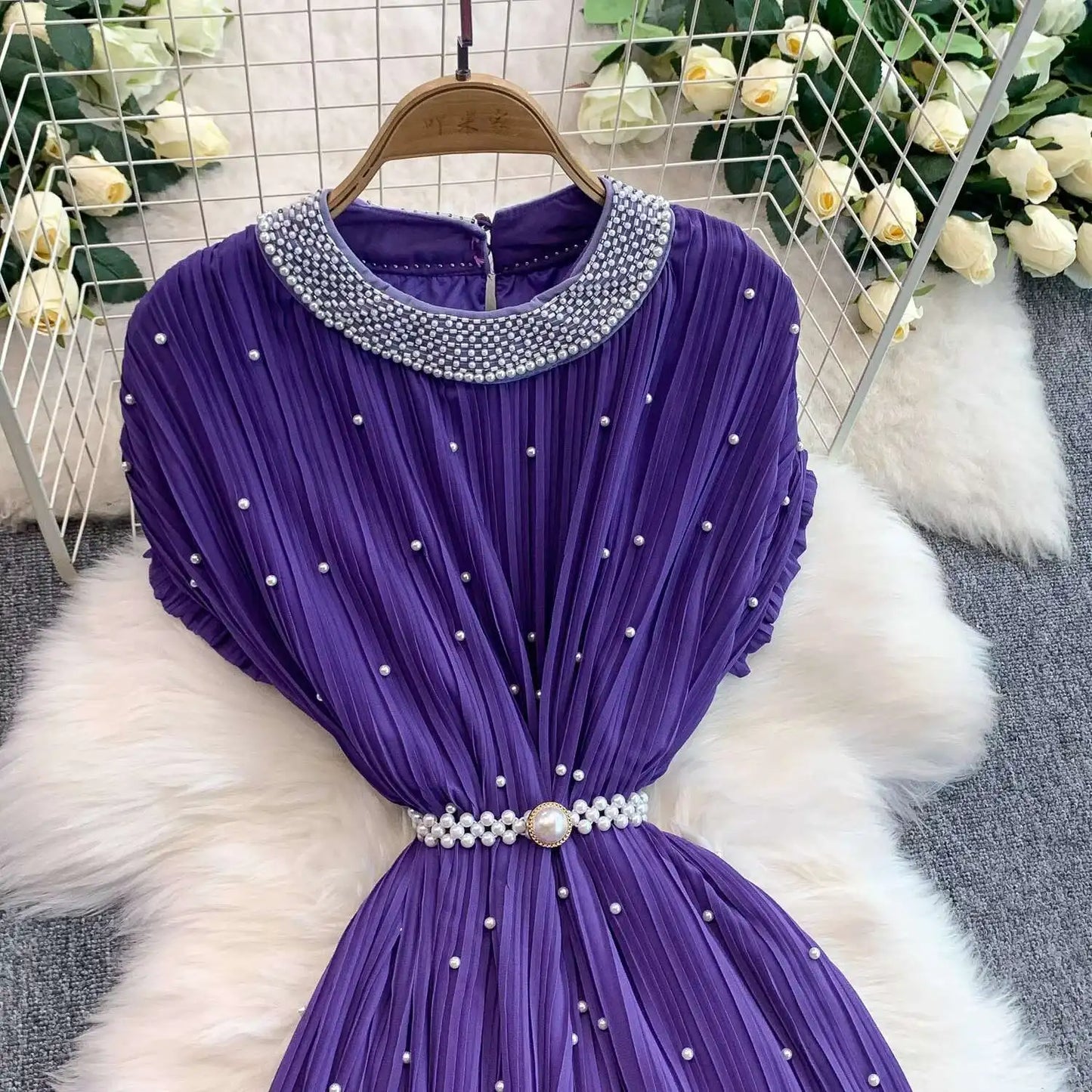 Summer Luxury Pearls Long Chiffon Dress For Women Loose Big Size Short Sleeve Crystal Birthday Evening Midi Pleated Dresses