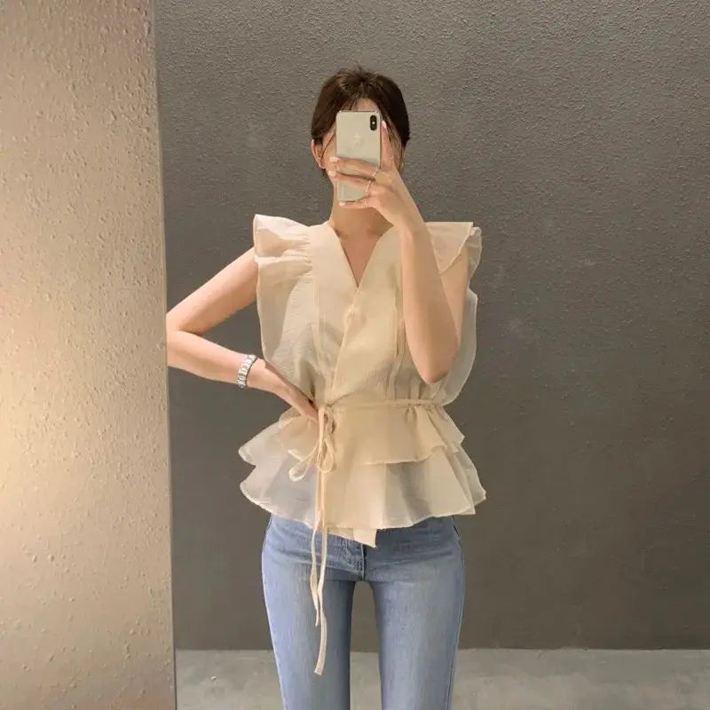 Lace Up Top Ruffled V-neck Sleeveless Shirts Blouse for Women