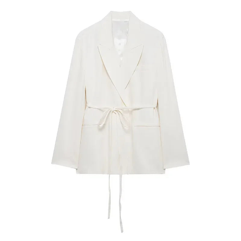 Elegant Blazer Pants Sets Women V-neck Lace up Jacket Full Sleeve Wide Leg Trousers Suit