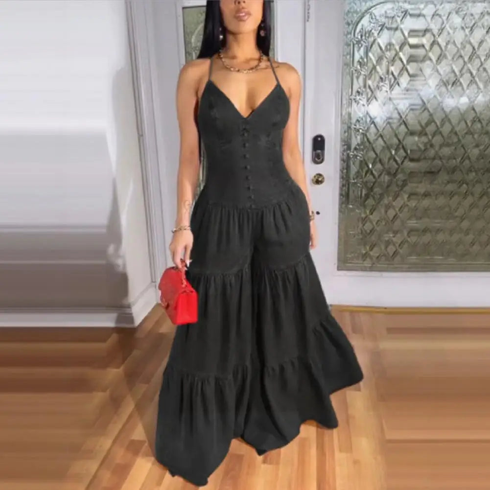 Stylish Women's Sleeveless Jumpsuits Casual Flowy Overalls Sexy Halter Rompers for Summer