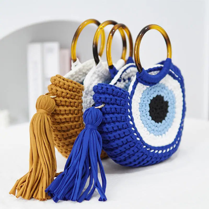 Rope Crochet Handbags Tassel Tote Round Handle Clutch Yarn Beach Bags for Women