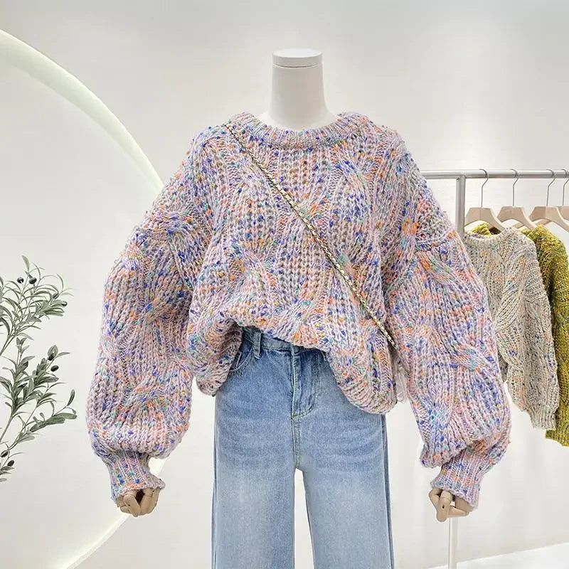 Knit Colorful Loose Fit Lantern Sleeve Cropped Sweater For Women