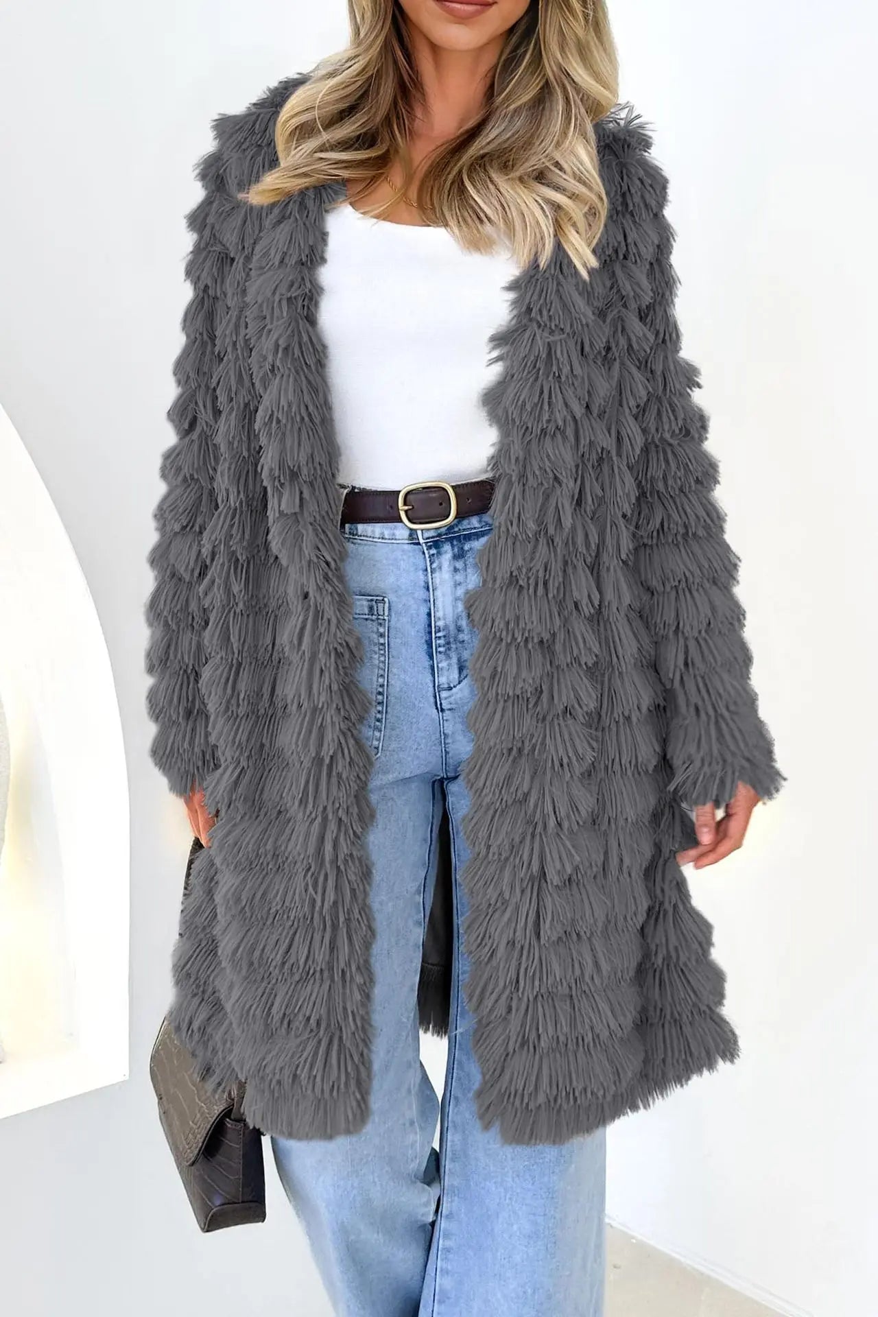 Long Sleeve Faux Fur Jackets Open Front Long Cardigan Coat Outerwear