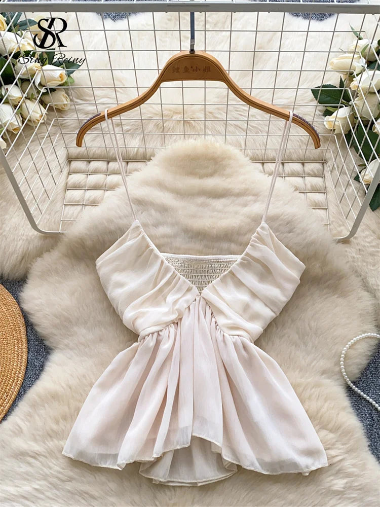 Chiffon Tops Straps Deep V Backless Top Ruffles Short Tank Top Vacation Style Sexy Tops