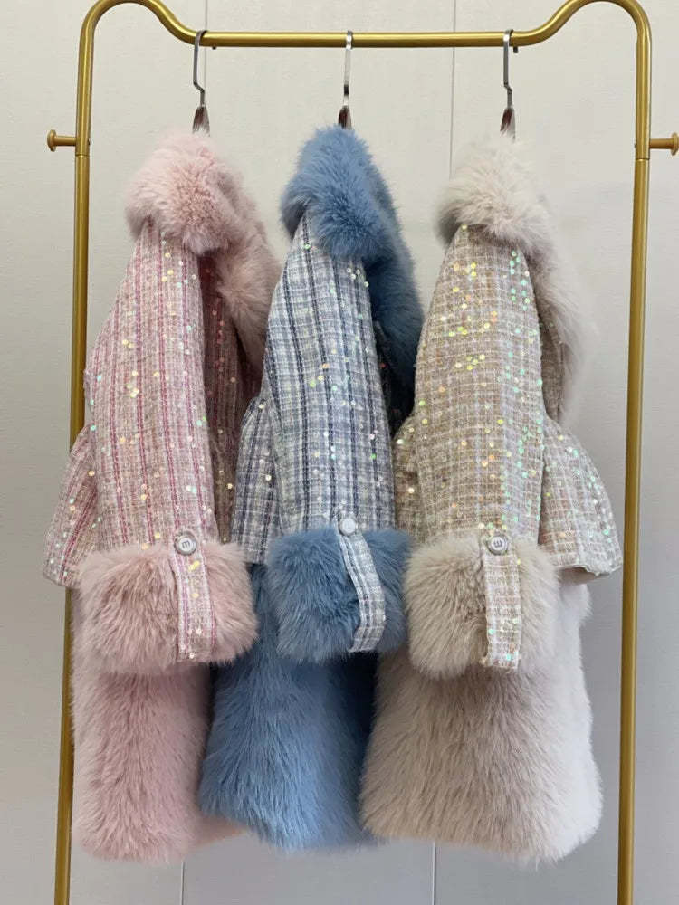 Winter Fur Coat Women Luxury Sequined Wool Faux Fur Long Jacket Fluffy Overcoat