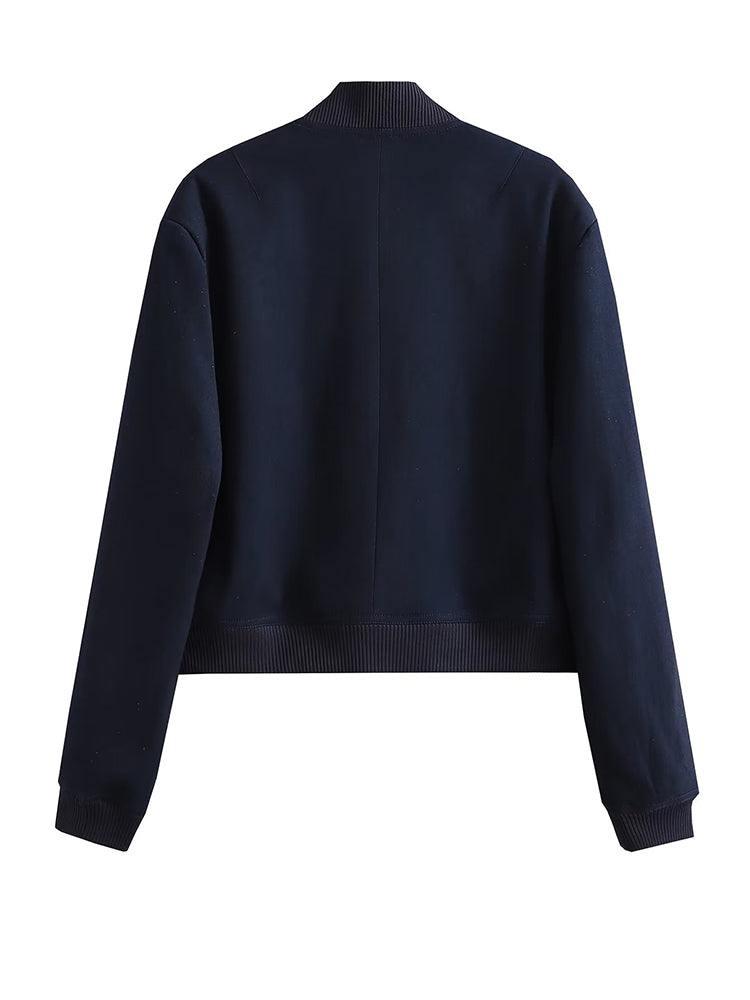 Solid Bomber Jackets Coat With Pockets V-Neck Single Breasted Long Sleeves Jacket