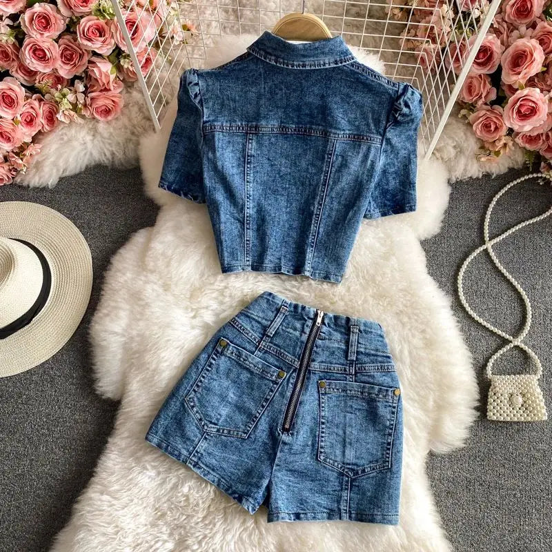 Denim Shorts Sets Shirts+Shorts Jeans 2 Pieces Sets Outfit
