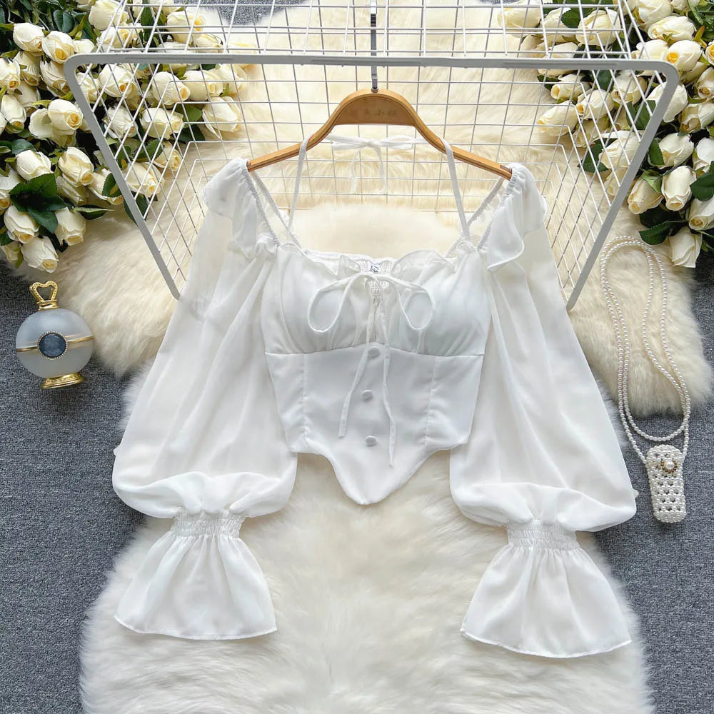 Flare Sleeve Women Top Ruffle Solid Elastic Waist Halter Backless Chiffon Blouse