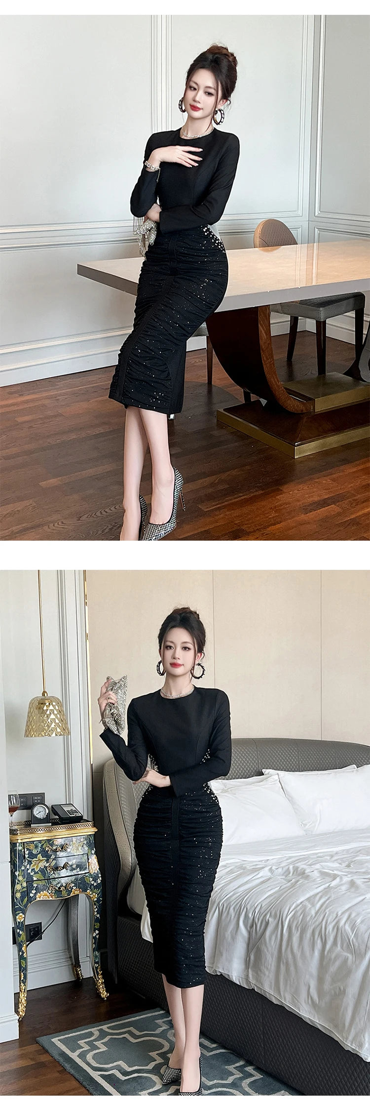 French Elegant Formal Shiny Rhinestone Folds Bodycon Midi Dress