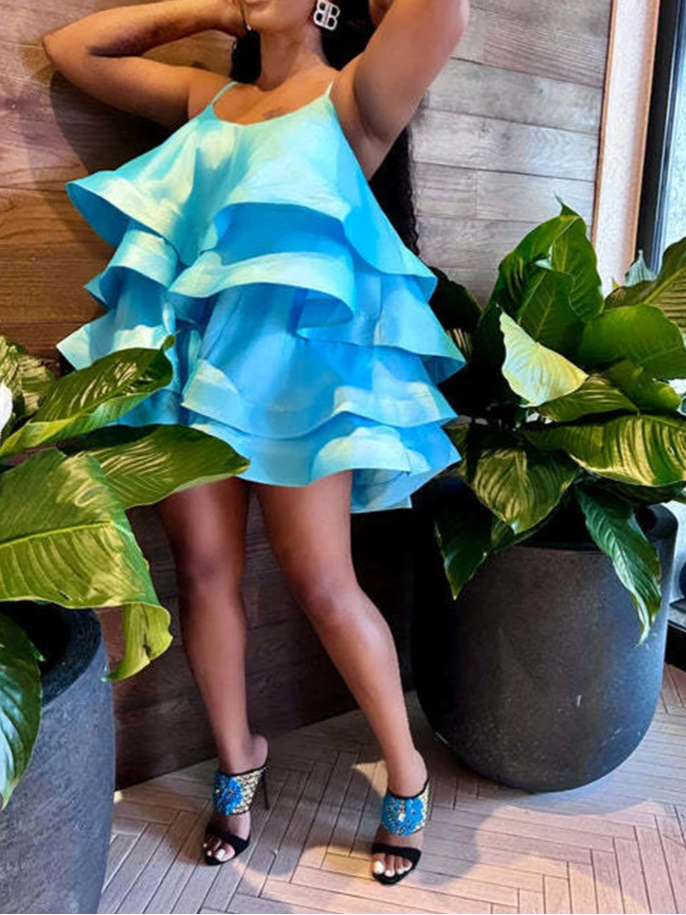 Sexy Short Daring Dresses Summer Spaghetti Strap Mini Dress with Cascade Ruffles