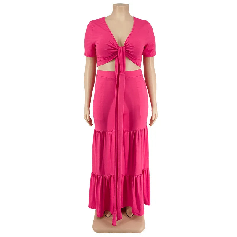 Plus Size Pants Sets Two Piece Outfits Summer Holiday Solid Bandage Top Wide Leg New Matching Suit