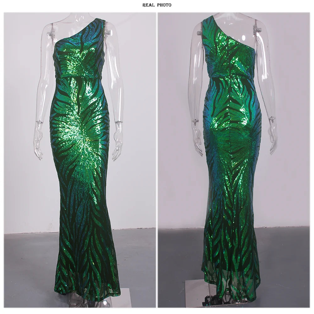 One Shoulder Flower Sequined Cocktail Sleeveless Stretchy Evening Dress